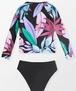 CUPSHE Girls' Tropicool Leaf Long Sleeve Swimsuit And Hipster Set Swimwear UP TO 70% OFF