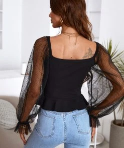 CUPSHE Davina Long Sleeve Plunge Contrast Lace Top Accs & Clothing