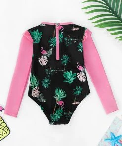 CUPSHE Girls Palm Beach Night Flamingo Plam Ruffle Long Sleeve Rashguard One Pieces