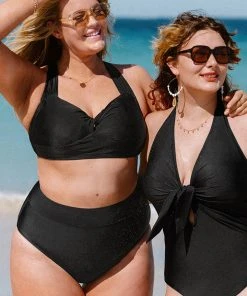CUPSHE Charmed Romance Twist Front Black Plus Size Midkini Swimwear UP TO 70% OFF