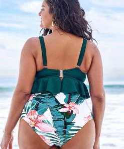 CUPSHE Green And Floral Ruffle Plus Size Bikini Swimwear BOGO 40% OFF