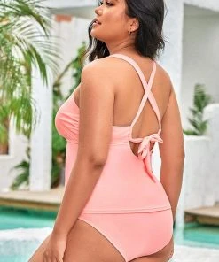 CUPSHE Santorini Solid Halterkini Classic Tummy Control Pink Plus Size Set