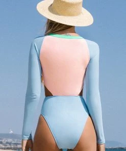 CUPSHE Palm Beach Long Sleeve Colorblock Front Zip One Piece Swimsuit