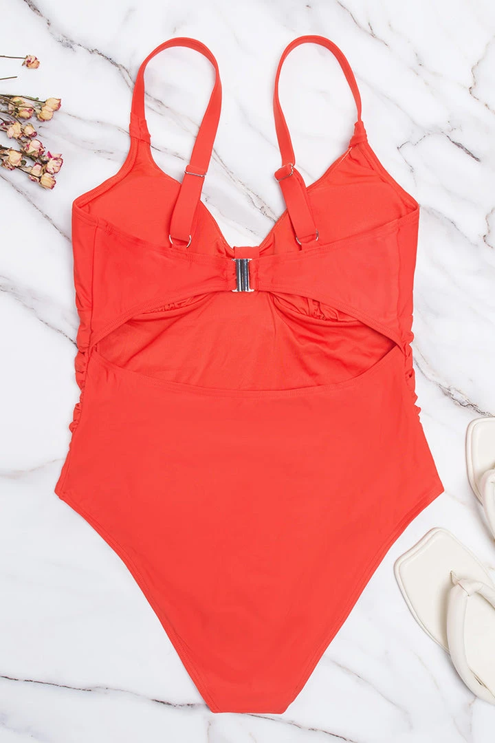 CUPSHE Ally Red Ruched Cut-out Back Plus Size One Piece Swimsuit Swimwear BOGO 40% OFF
