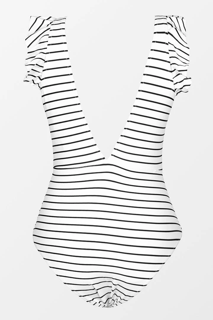 CUPSHE White And Black Stripe Ruffle One Piece Swimsuit