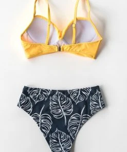 CUPSHE Yellow Twist-Front And Palm Print High Waisted Bikini