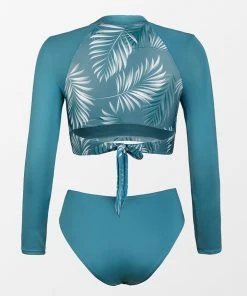 CUPSHE Abbey Tropical Back Tie Long Sleeve Tankini Swimwear UP TO 70% OFF