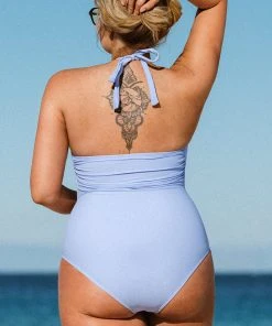 CUPSHE Santorini Solid High Neck Sash Tummy Control Plus Size One Piece Swimwear UP TO 70% OFF