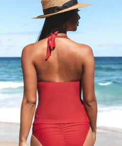 CUPSHE Swimwear BOGO 40% OFF Joyful Retro Solid Ruffled Tankini And Classic Red Hipster Set