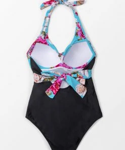 CUPSHE Floral And Black Halter One Piece Swimsuit One Pieces