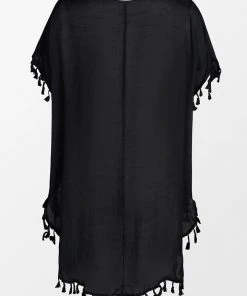 CUPSHE Cover Ups Sophia Black Square Neck Crochet Tassel Kaftan