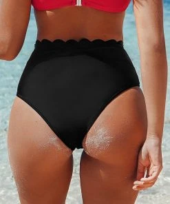 CUPSHE Black Scalloped High Waisted Bikini Bottom Bikinis