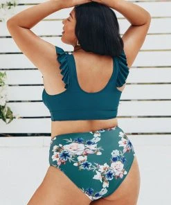 CUPSHE Teal And Floral Ruffle Plus Size Bikini Smocked And Floral Swimsuits