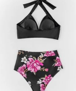 CUPSHE Bikinis Black Floral Halter High Waisted Bikini