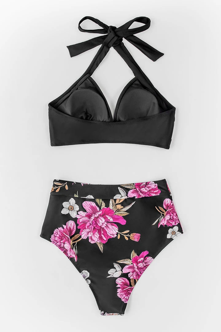 CUPSHE Bikinis Black Floral Halter High Waisted Bikini