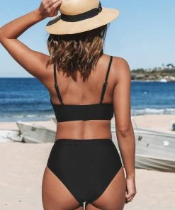 CUPSHE Marsala Black Wrap Front Bralette And Asymmetric High Waist Set Bikinis