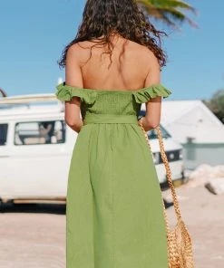 CUPSHE Alejandra Green Off Shoulder Ruffle Tea Length Dress
