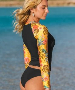 CUPSHE Kailee Tropical Long Sleeve Zip-up Tankini