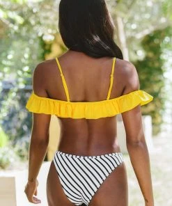 CUPSHE Swimwear UP TO 70% OFF Yellow And Striped Ruffle Cold Shoulder Bikini