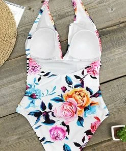CUPSHE Bold Floral And Stripe Halter Tummy Control One Piece Swimsuit