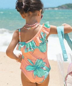 CUPSHE One Pieces Girls’ Blooming Flowers Ruffle One Shoulder One Piece Swimsuit