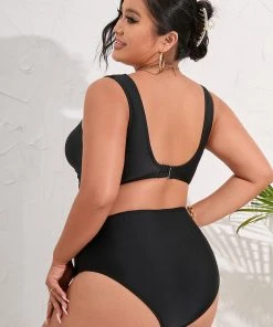 CUPSHE Swimwear Trendy Features Arizona Road Trip Mesh V-neck And Mid Rise Hipster Black Plus Size Bikini Set