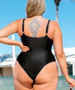 CUPSHE Collins Black Ruched Plus Size Black One Piece Swimsuit