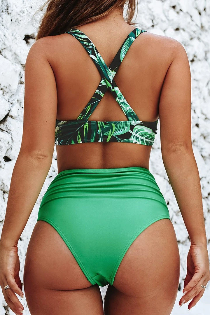 CUPSHE Green Leafy Lace Up High Waisted Bikini
