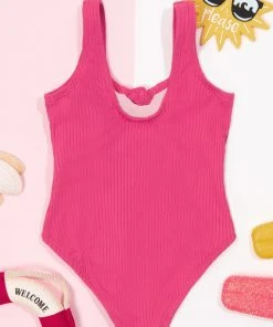 CUPSHE Girls Summer Dreaming Pink Ribbed Bunny Tie Front One Piece Swimsuit One Pieces
