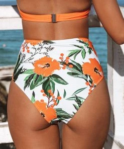 CUPSHE Orange Floral Shirring High Waisted Bikini Bottom