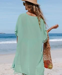 CUPSHE Cover Ups Tinsley Light Green V-neck Tassel Split Cover Up