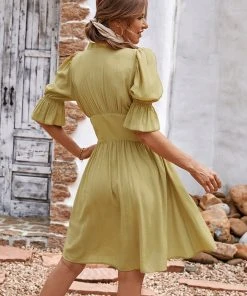 CUPSHE Dresses Cable Beach V-neck Bubble Sleeve Smocking A-Shape Dress