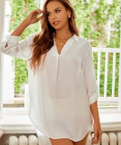 CUPSHE Dresses Asia White Shirt Collar Set In Sleeve Top