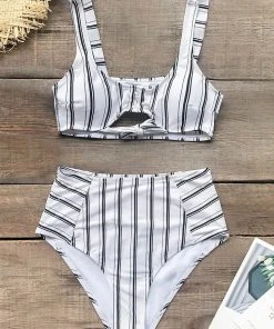 CUPSHE Navy And White Vertical Stripe High Waisted Bikini