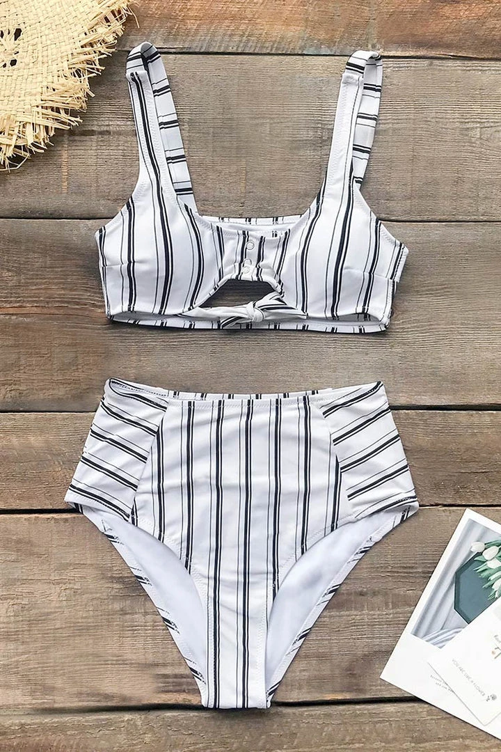 CUPSHE Navy And White Vertical Stripe High Waisted Bikini