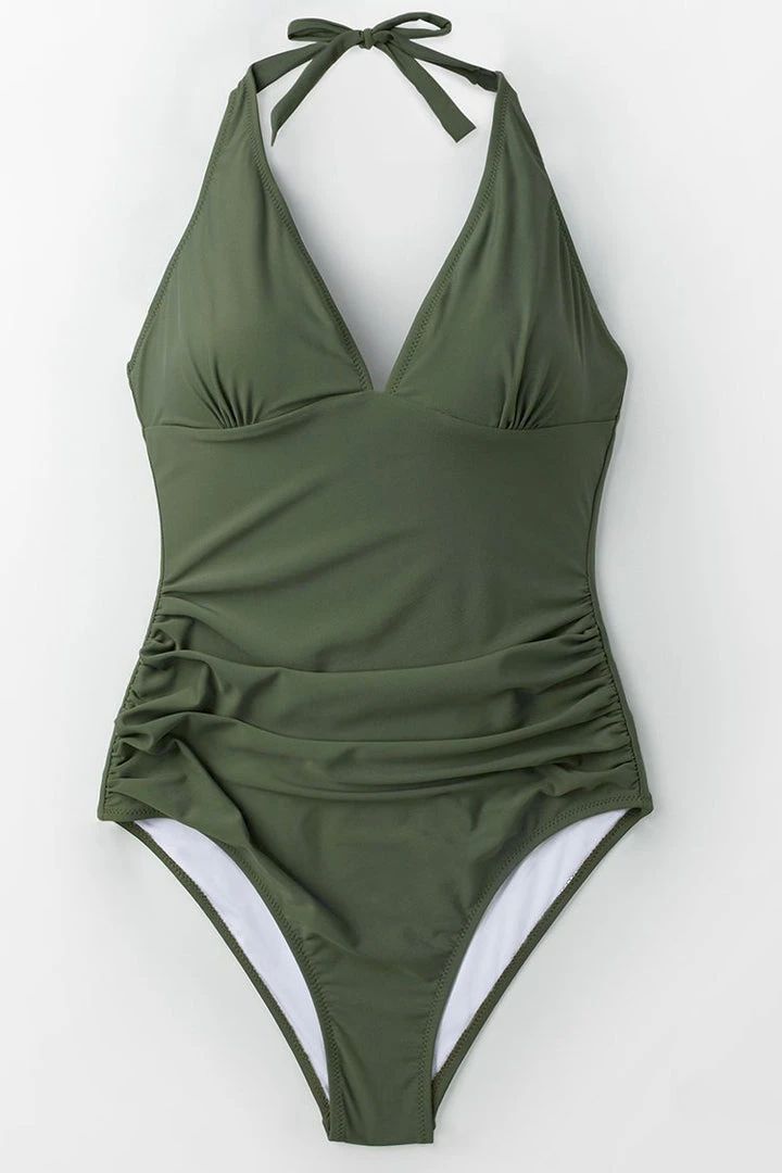 CUPSHE Mossy Green Ruched Tummy Control One Piece Swimsuit One Pieces