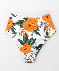 CUPSHE Orange Floral Shirring High Waisted Bikini Bottom