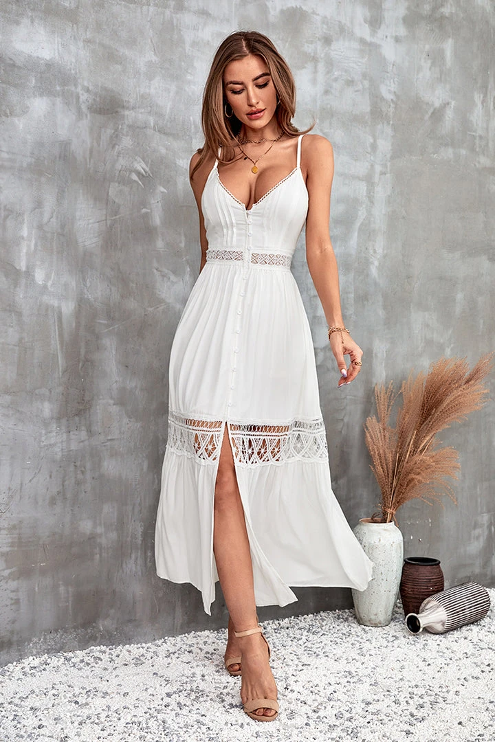 CUPSHE Siena Plunge Button Lace Trims Slip Dress Dresses