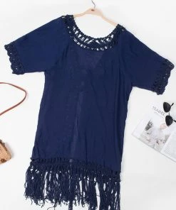 CUPSHE Flamenco Navy Front Open Tassel Crochet Kimono