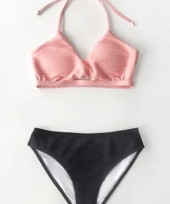 CUPSHE Swimwear UP TO 70% OFF Textured Pink And Navy Halter Bikini