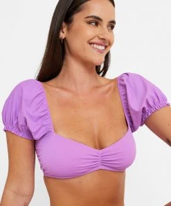 CUPSHE Mindful Solids Amethyst Puff Sleeve Bikini Top Bikinis