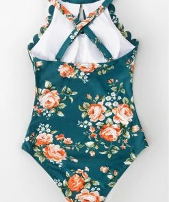 CUPSHE Teal Floral Scalloped One Piece Swimsuit One Pieces