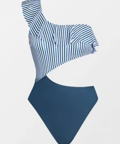 CUPSHE 4th Of July Sea Shore Stripe Ruffled One Shoulder One Piece Swimsuit