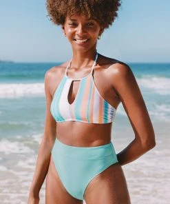 CUPSHE Swimwear UP TO 70% OFF Pleasant Stripe Keyhole High Neck And High Waist Bikini Set