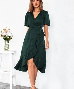 CUPSHE Angelique Tie Waist Ruffle Lace Up Wrap Dress Dresses