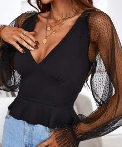CUPSHE Davina Long Sleeve Plunge Contrast Lace Top Accs & Clothing