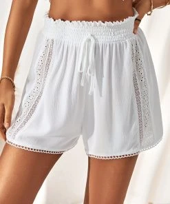 CUPSHE Cover Ups Ellis Smocking Lace Trims Tie Short