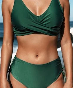 CUPSHE Bikinis Surplice Lace Back Wrap Bralette & Ruched Mid Rise Bikini Set