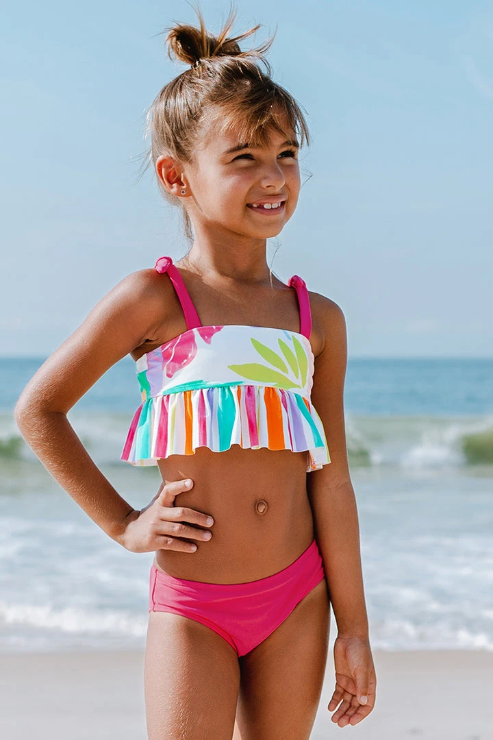 CUPSHE Happy Leaf Girls Ruffled Tankini And Hipster Bikini Set