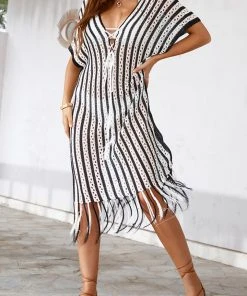 CUPSHE Cover Ups Eva Dolman Sleeve Tassel Crochet Cover-up Dress